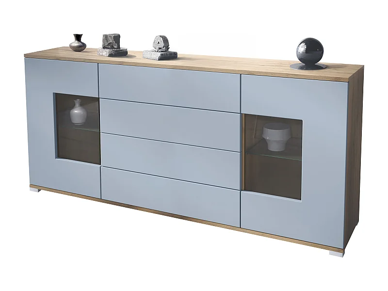 Buffet Grömitz V2 – Meuble avec 2 Grandes Portes et 4 Tiroirs, Chêne Evoke/denim mat (166,5 x 75,5 x 35)