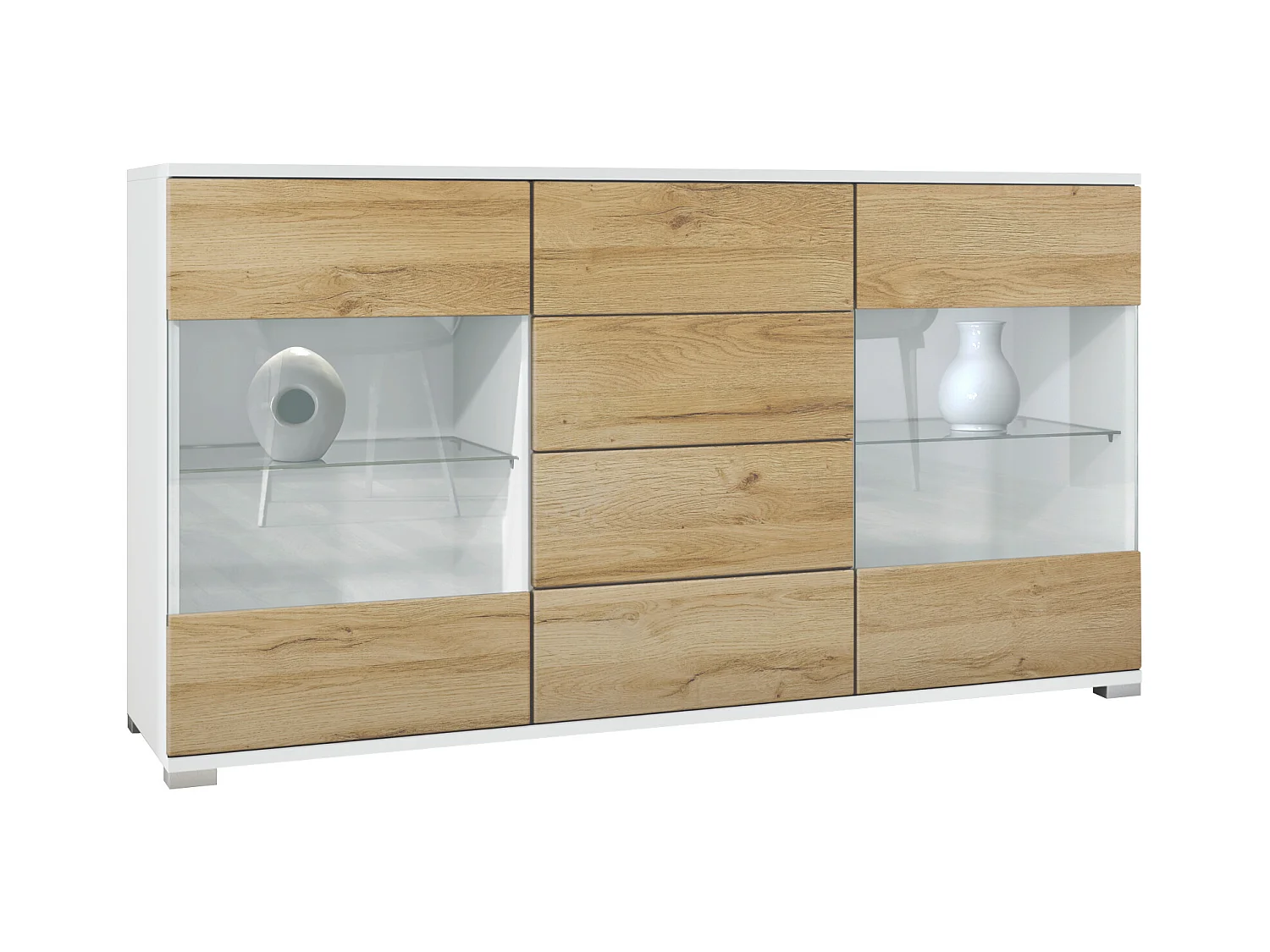 Buffet Bari V1 – Meuble avec 2 Grandes Portes et 4 Tiroirs, blanc mat/chêne nature (138,5 x 75,5 x 35)