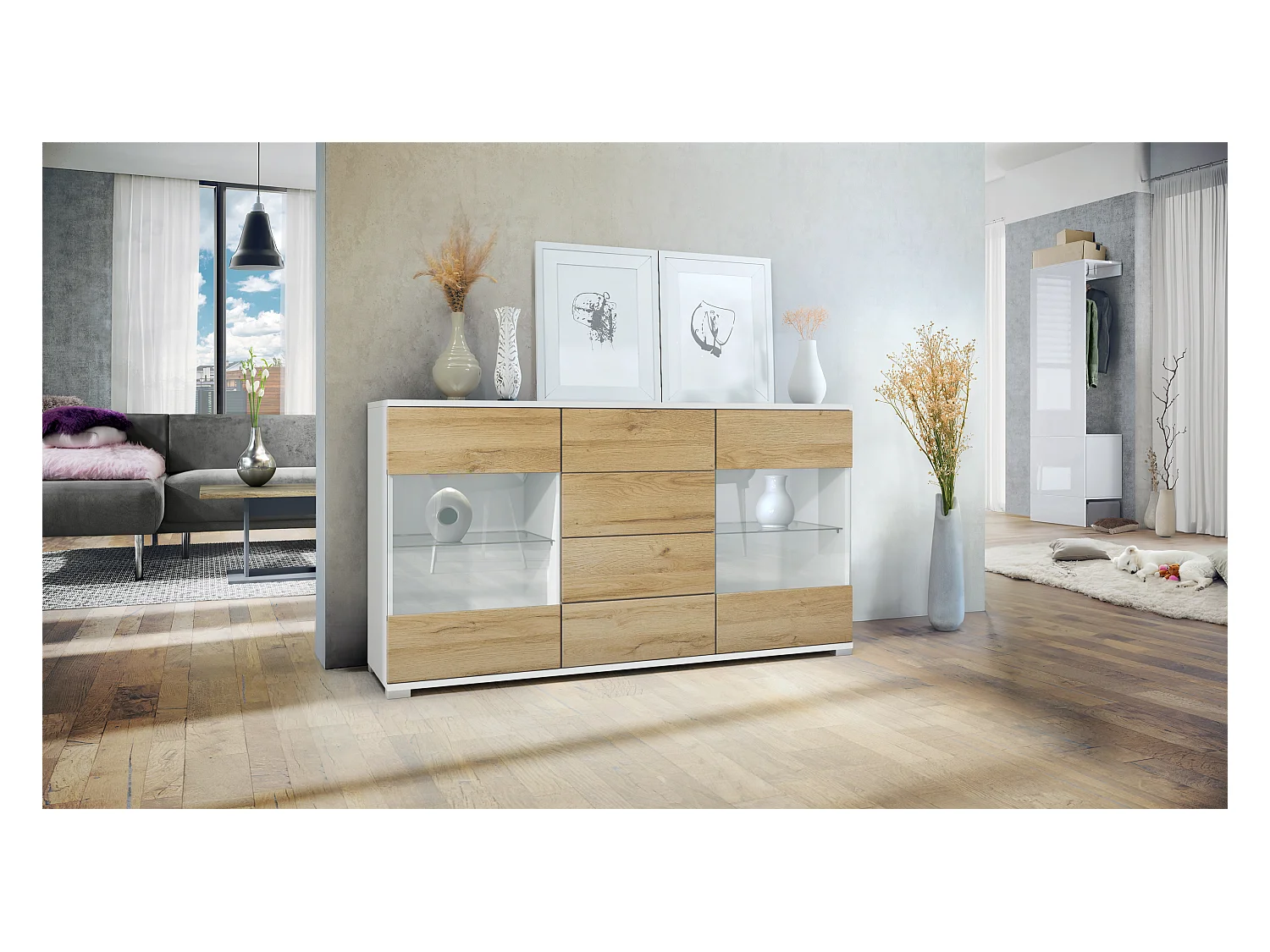 Buffet Bari V1 – Meuble avec 2 Grandes Portes et 4 Tiroirs, blanc mat/chêne nature (138,5 x 75,5 x 35)