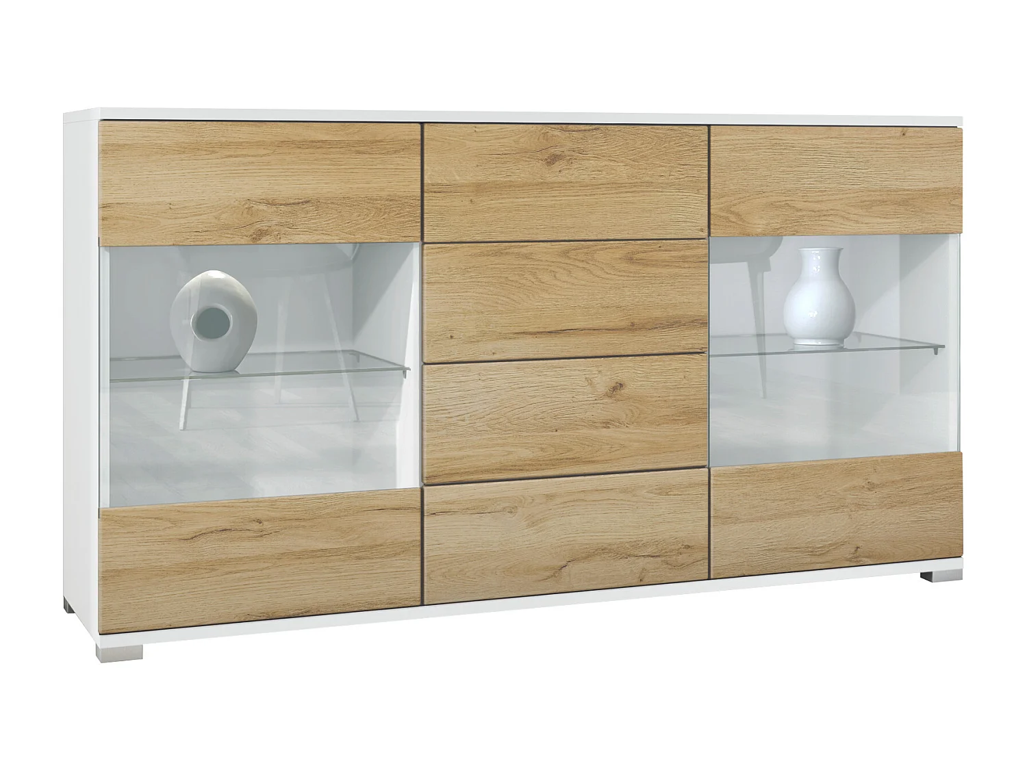 Credenza Bari  V1 – Mobile con 2 Grandi Ante e 4 Cassetti, bianco opaco/rovere naturale (138,5 x 75,5 x 35)