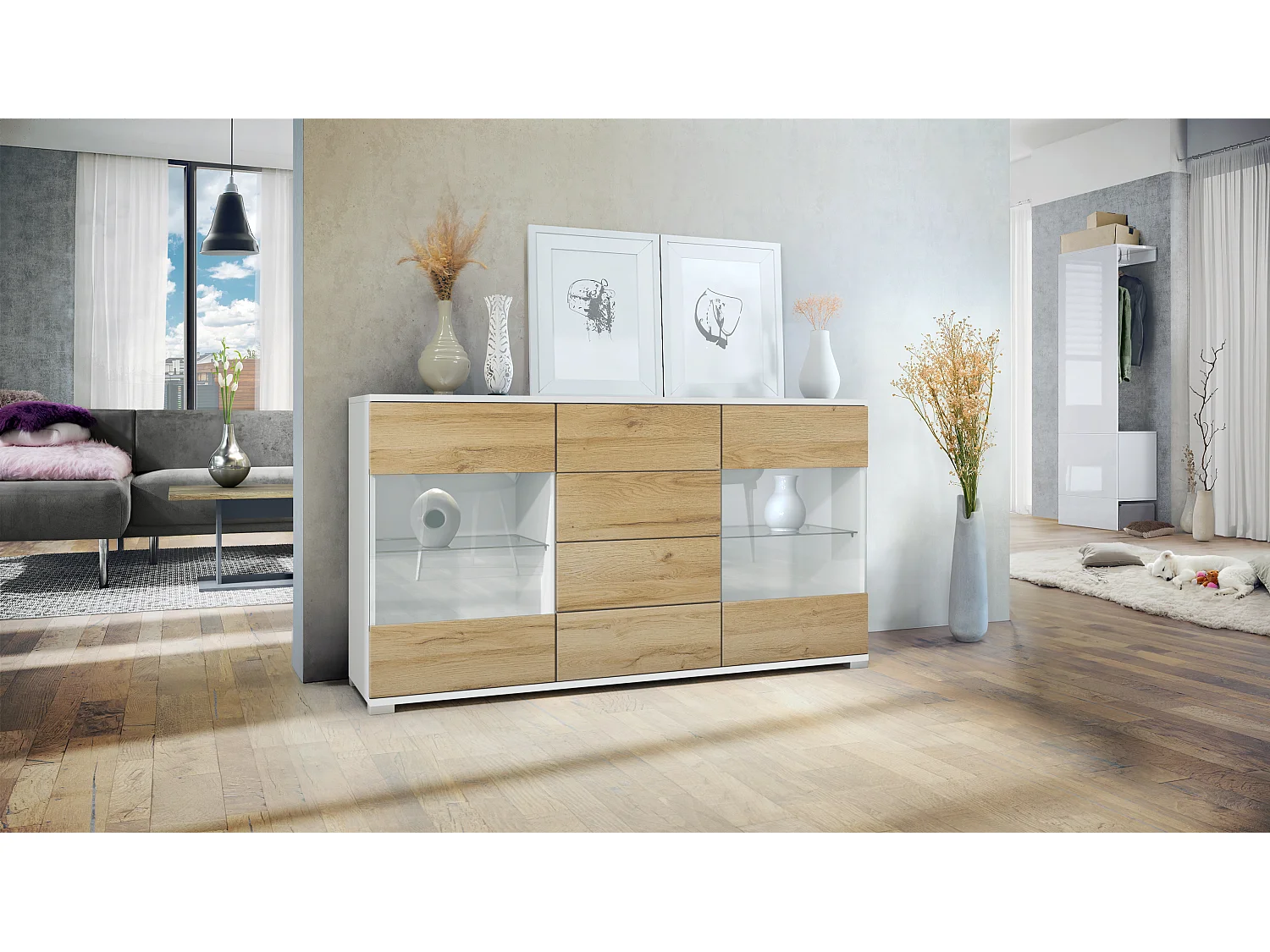Credenza Bari  V1 – Mobile con 2 Grandi Ante e 4 Cassetti, bianco opaco/rovere naturale (138,5 x 75,5 x 35)