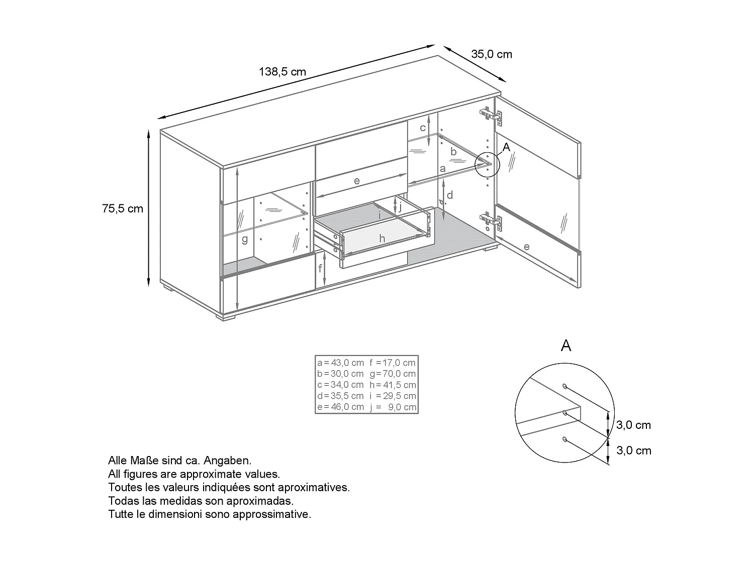 Credenza Bari  V1 – Mobile con 2 Grandi Ante e 4 Cassetti, bianco opaco/rovere naturale (138,5 x 75,5 x 35)