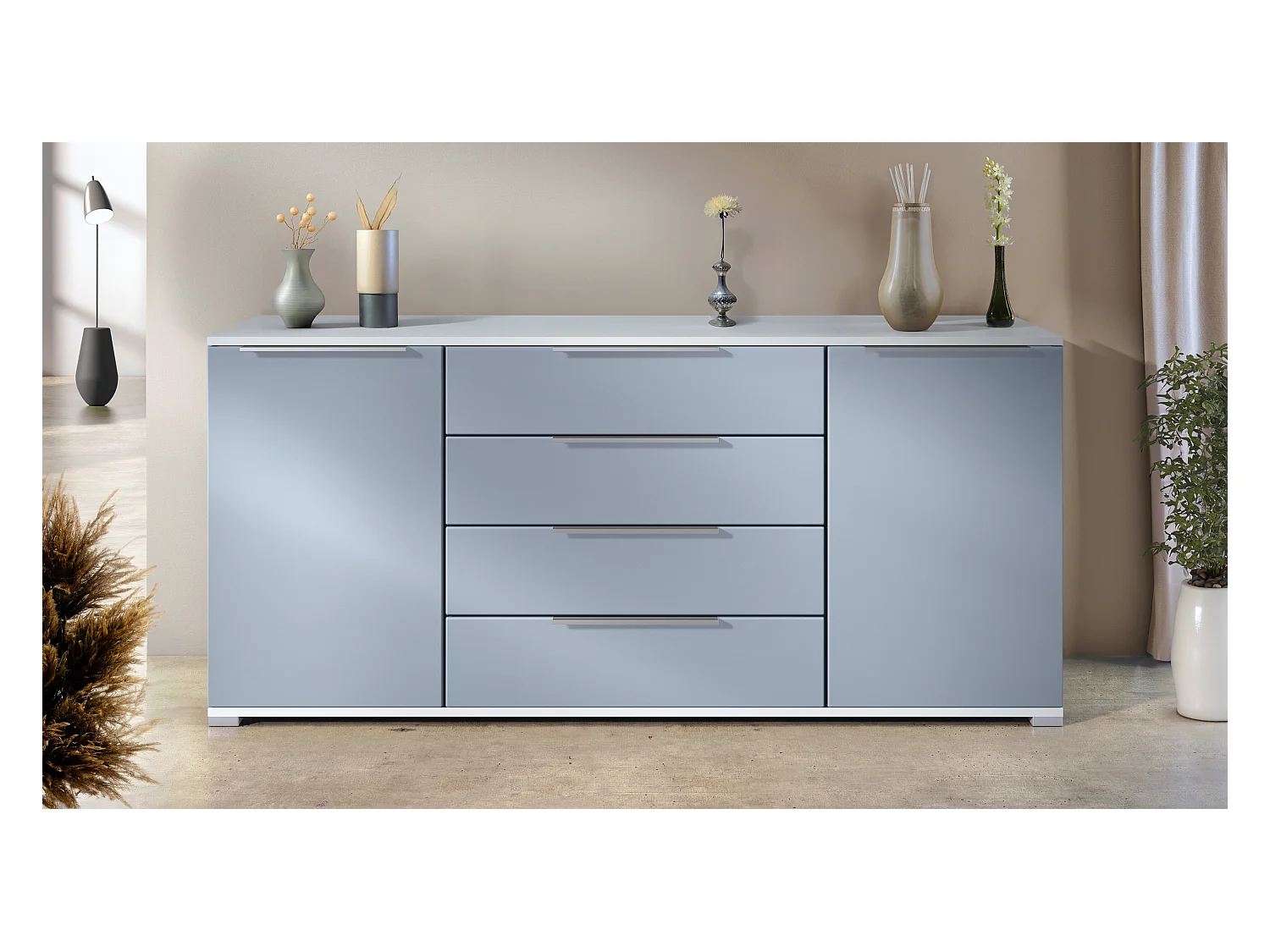 Buffet Linio V2 – Commode moderne avec 2 portes et 4 tiroirs, blanc mat/denim mat, 166,5 x 75,5 x 35 cm (L x H x P) – Meuble de rangement bahut