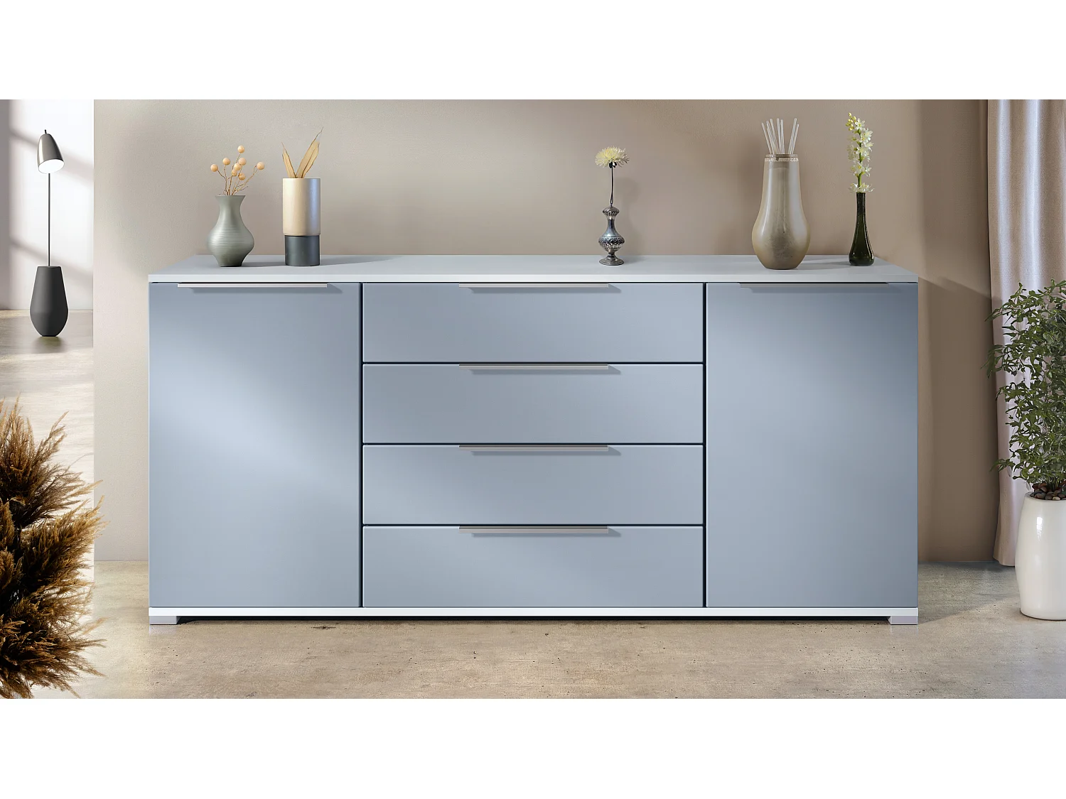 Buffet Linio V2 – Commode moderne avec 2 portes et 4 tiroirs, blanc mat/denim mat, 166,5 x 75,5 x 35 cm (L x H x P) – Meuble de rangement bahut