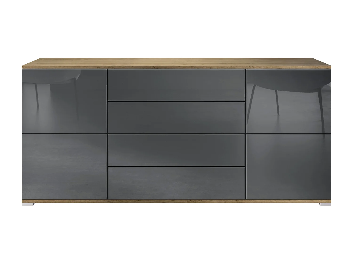 Buffet Rova V2 – Meuble avec 4 Portes et 4 Tiroirs, Chêne Evoke/gris haute brillance (166,5 x 75,5 x 35)