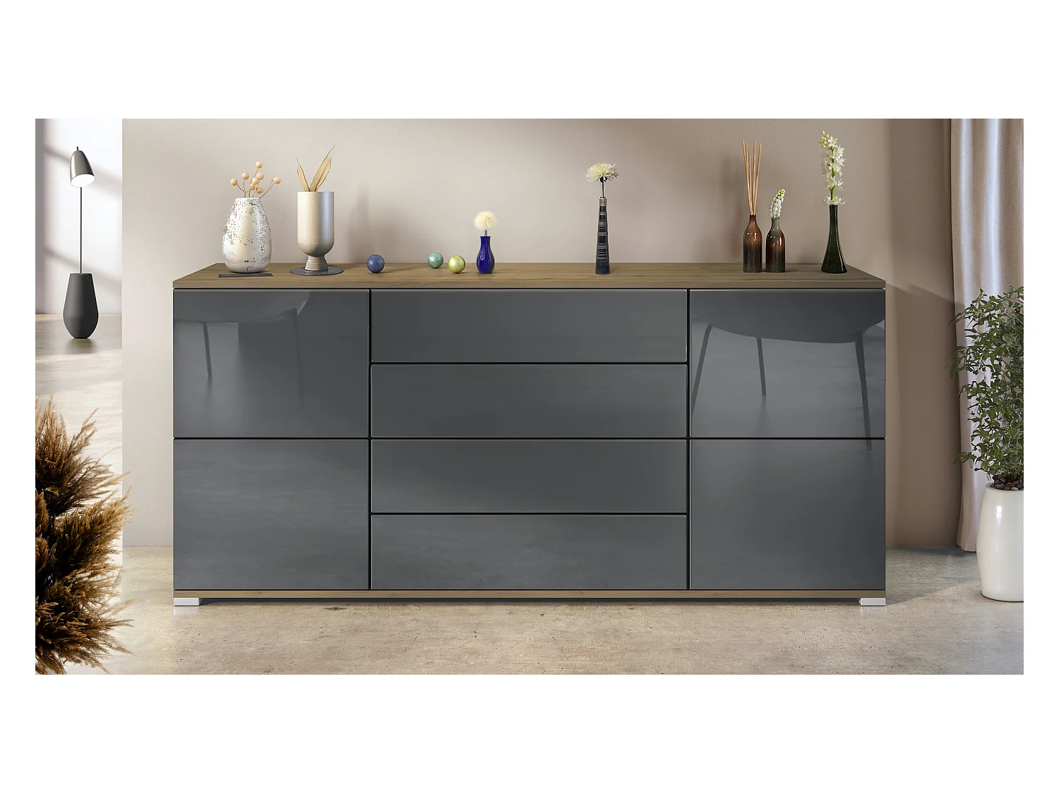 Buffet Rova V2 – Meuble avec 4 Portes et 4 Tiroirs, Chêne Evoke/gris haute brillance (166,5 x 75,5 x 35)