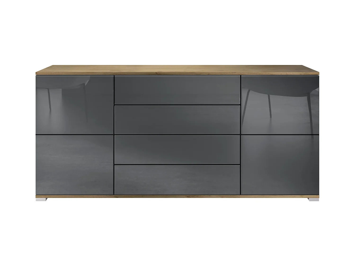 Buffet Rova V2 – Meuble avec 4 Portes et 4 Tiroirs, Chêne Evoke/gris haute brillance (166,5 x 75,5 x 35)