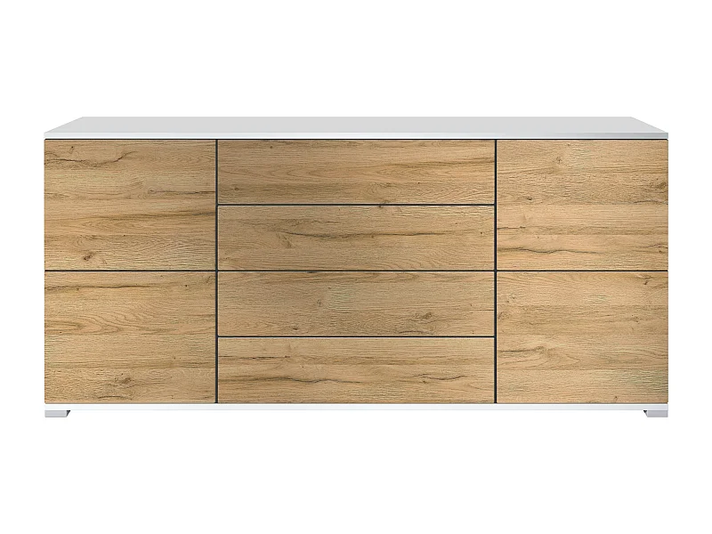 Buffet Rova V2 – Meuble avec 4 Portes et 4 Tiroirs, blanc mat/chêne nature (166,5 x 75,5 x 35)