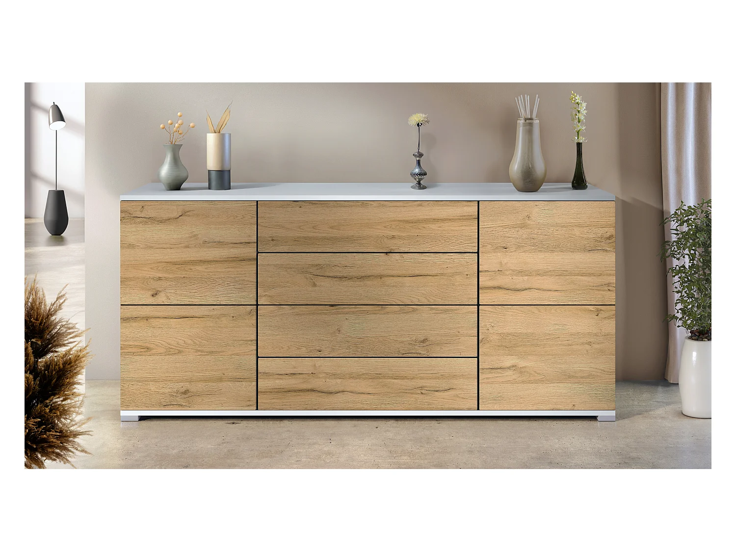 Buffet Rova V2 – Meuble avec 4 Portes et 4 Tiroirs, blanc mat/chêne nature (166,5 x 75,5 x 35)