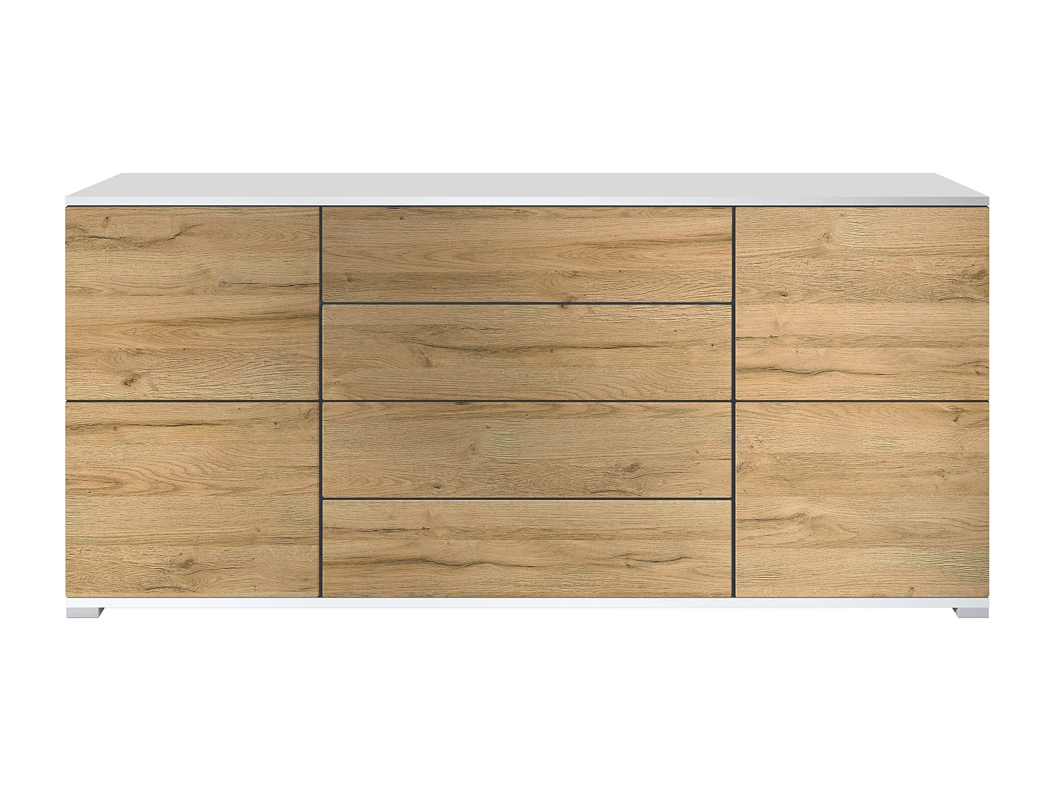 Buffet Rova V2 – Meuble avec 4 Portes et 4 Tiroirs, blanc mat/chêne nature (166,5 x 75,5 x 35)