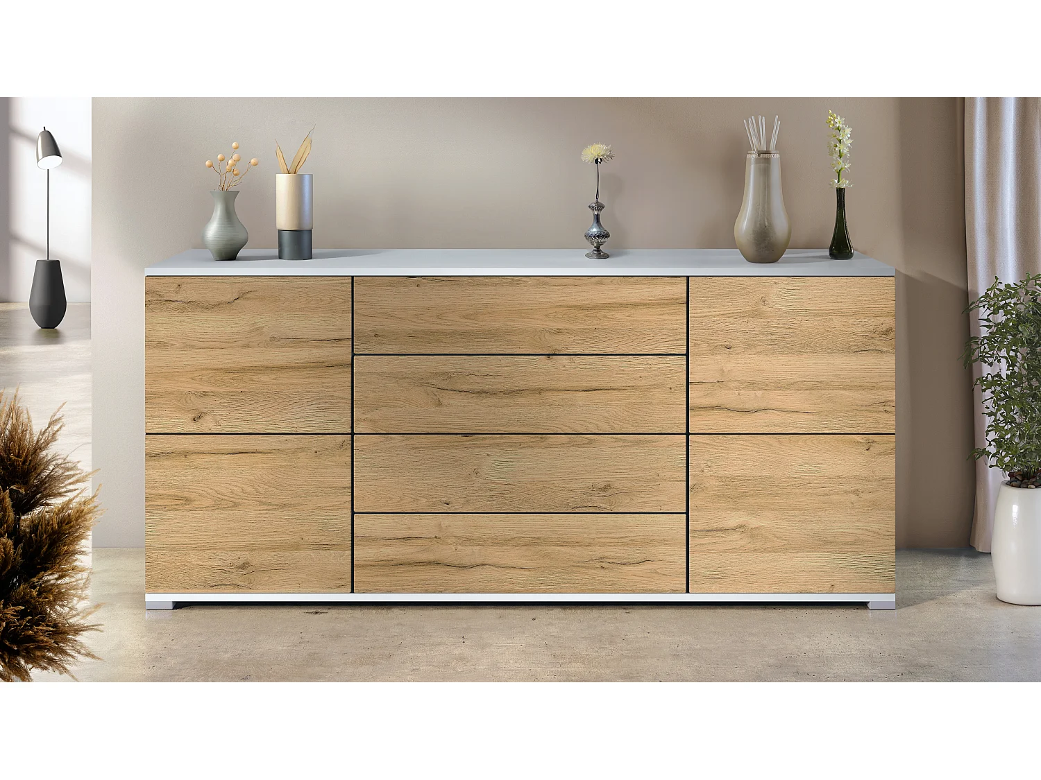 Buffet Rova V2 – Meuble avec 4 Portes et 4 Tiroirs, blanc mat/chêne nature (166,5 x 75,5 x 35)