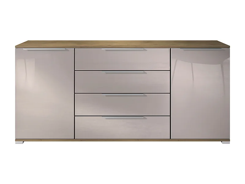 Credenza Linio V2 – Mobile moderno con 2 ante e 4 cassetti, Quercia Evoca/grigio sabbia lucido, 166,5 x 75,5 x 35 cm (L x A x P) – Mobile contenitore madia