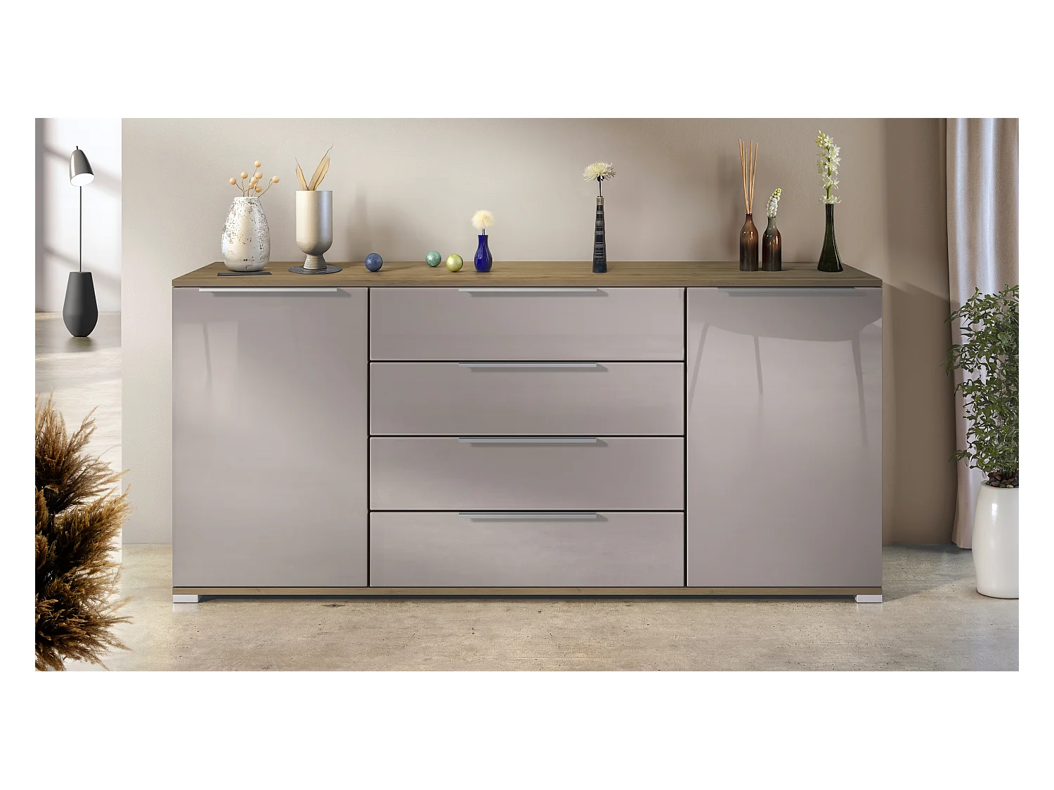 Buffet Linio V2 – Commode moderne avec 2 portes et 4 tiroirs, Chêne Evoke/gris sable haute brillance, 166,5 x 75,5 x 35 cm (L x H x P) – Meuble de rangement bahut