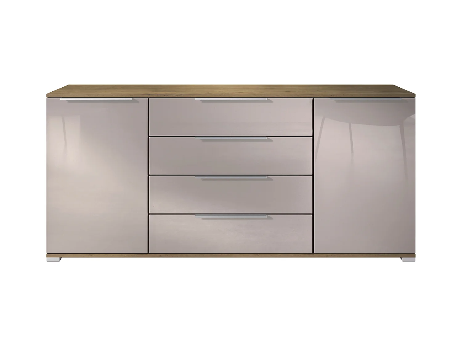Buffet Linio V2 – Commode moderne avec 2 portes et 4 tiroirs, Chêne Evoke/gris sable haute brillance, 166,5 x 75,5 x 35 cm (L x H x P) – Meuble de rangement bahut