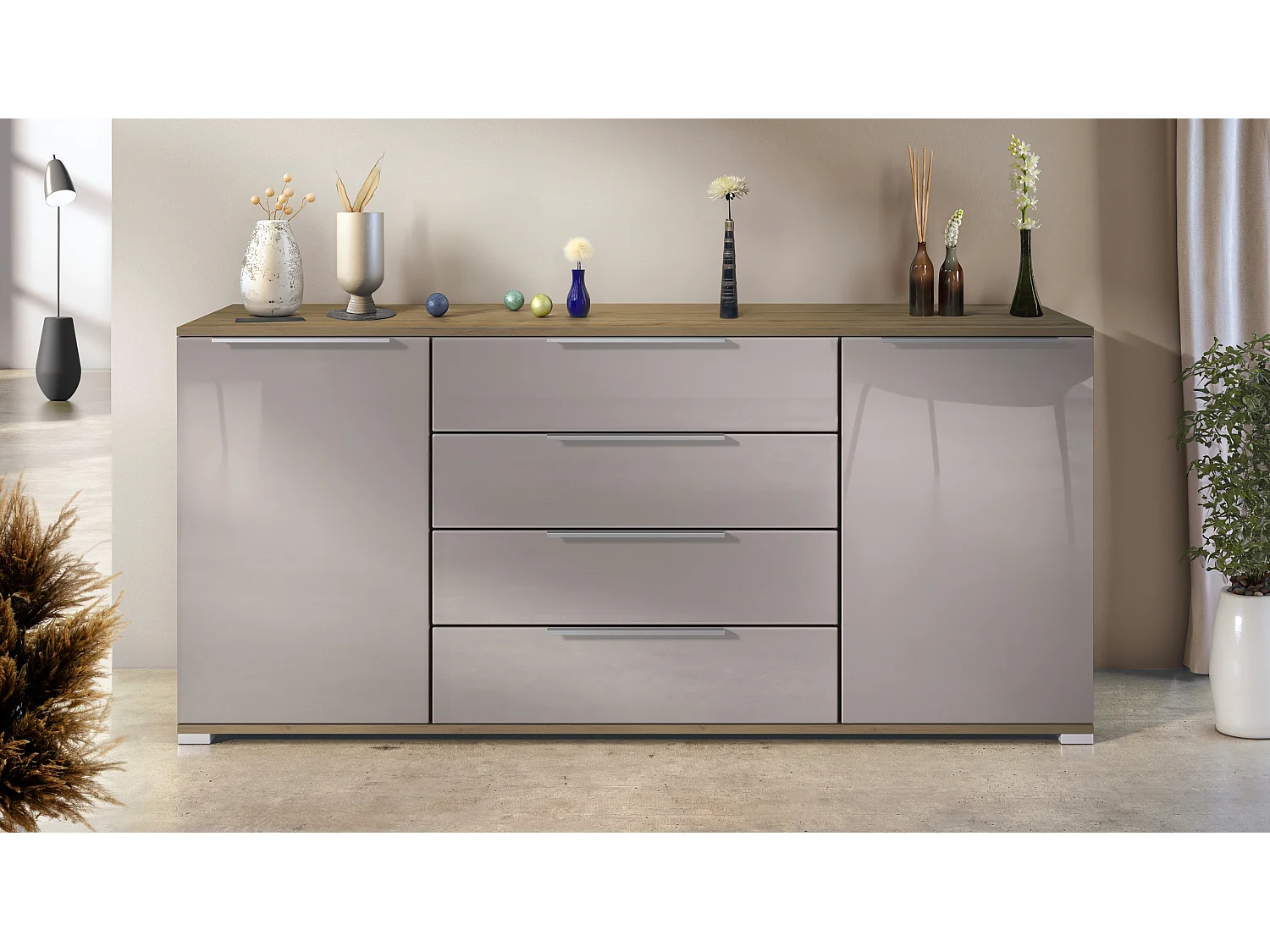 Buffet Linio V2 – Commode moderne avec 2 portes et 4 tiroirs, Chêne Evoke/gris sable haute brillance, 166,5 x 75,5 x 35 cm (L x H x P) – Meuble de rangement bahut