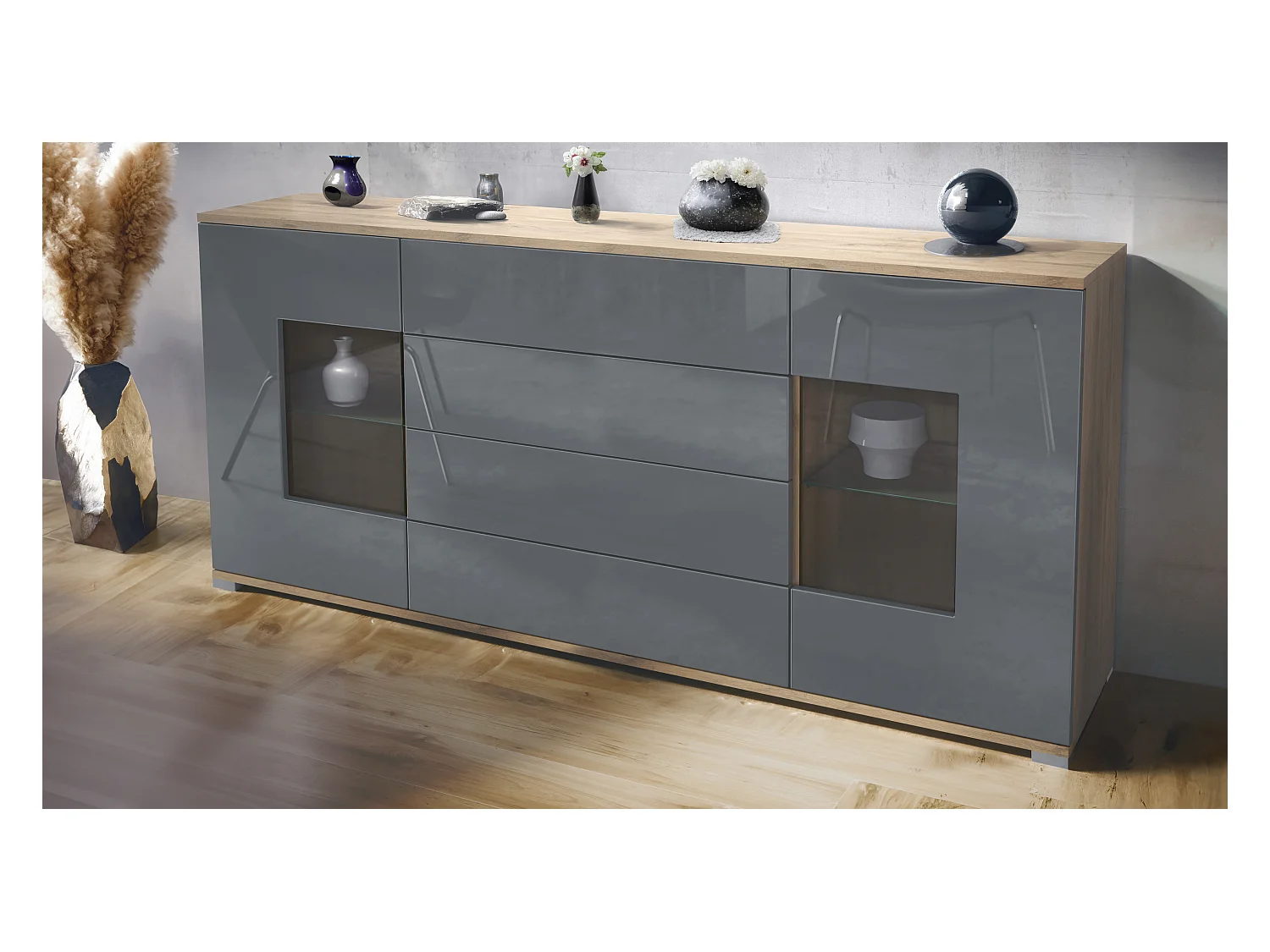 Buffet Grömitz V2 – Meuble avec 2 Grandes Portes et 4 Tiroirs, Chêne Evoke/gris haute brillance (166,5 x 75,5 x 35)
