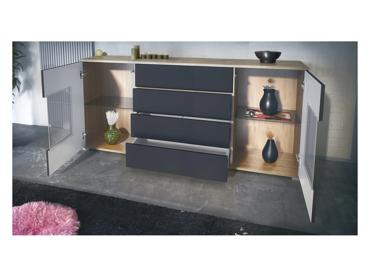 Buffet Grömitz V2 – Meuble avec 2 Grandes Portes et 4 Tiroirs, Chêne Evoke/gris haute brillance (166,5 x 75,5 x 35)