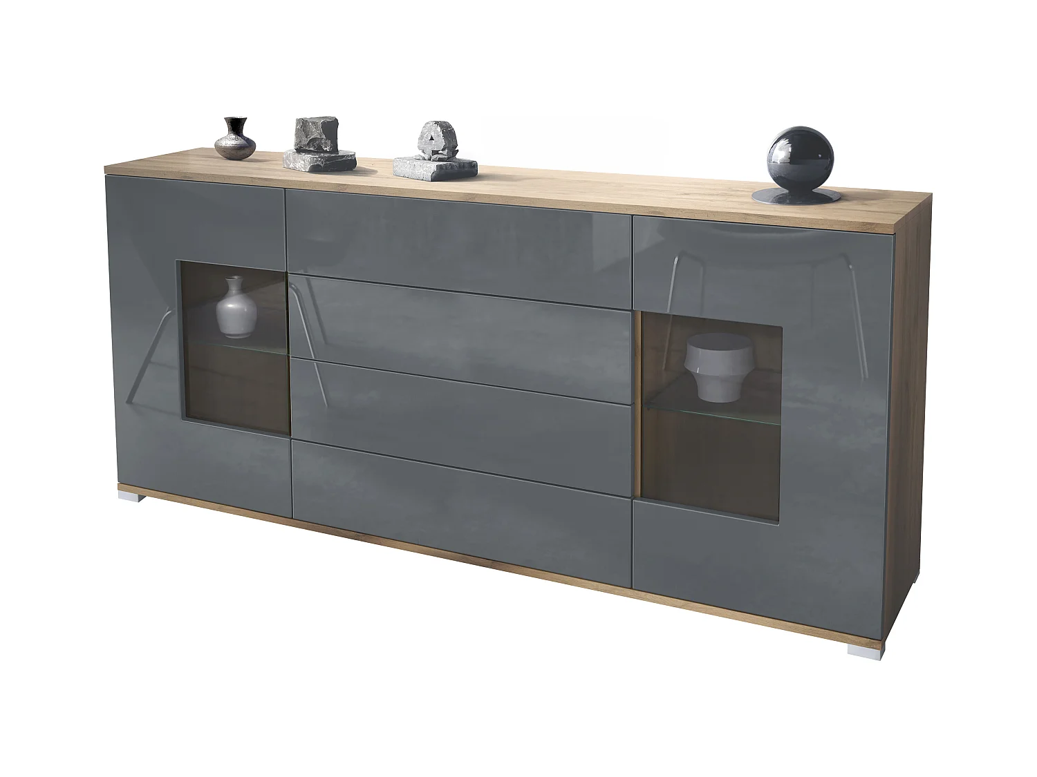 Buffet Grömitz V2 – Meuble avec 2 Grandes Portes et 4 Tiroirs, Chêne Evoke/gris haute brillance (166,5 x 75,5 x 35)