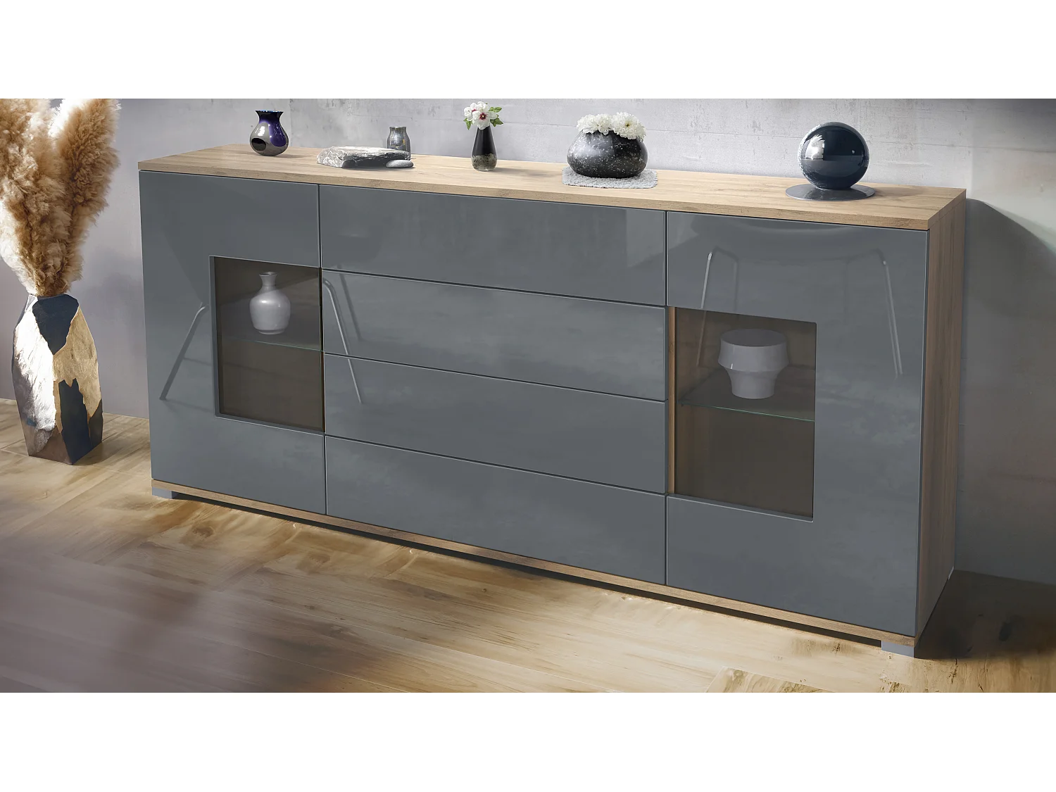 Buffet Grömitz V2 – Meuble avec 2 Grandes Portes et 4 Tiroirs, Chêne Evoke/gris haute brillance (166,5 x 75,5 x 35)