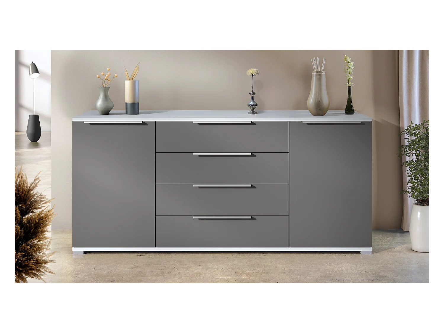 Buffet Linio V2 – Commode moderne avec 2 portes et 4 tiroirs, blanc mat/anthracite mat, 166,5 x 75,5 x 35 cm (L x H x P) – Meuble de rangement bahut