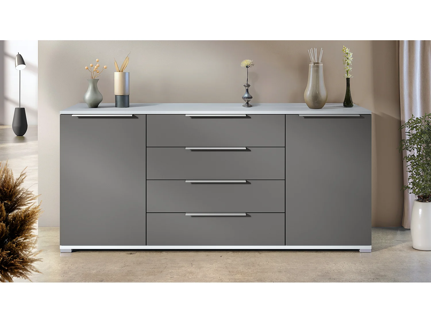 Buffet Linio V2 – Commode moderne avec 2 portes et 4 tiroirs, blanc mat/anthracite mat, 166,5 x 75,5 x 35 cm (L x H x P) – Meuble de rangement bahut