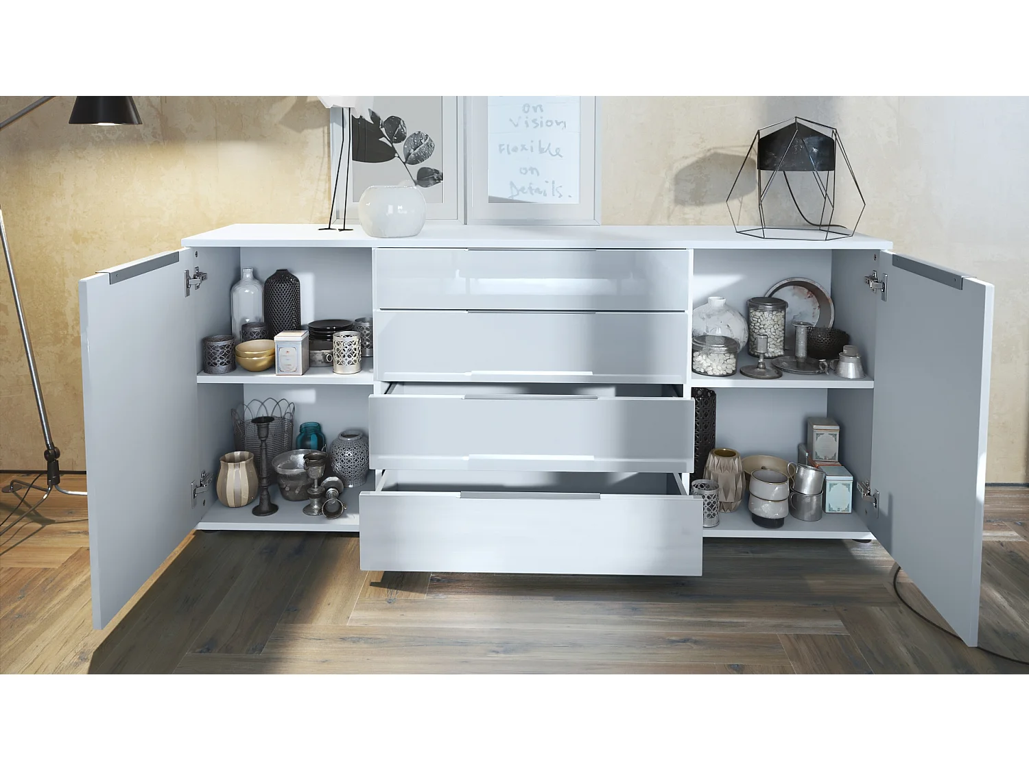 Buffet Linio V2 – Commode moderne avec 2 portes et 4 tiroirs, blanc mat/anthracite mat, 166,5 x 75,5 x 35 cm (L x H x P) – Meuble de rangement bahut