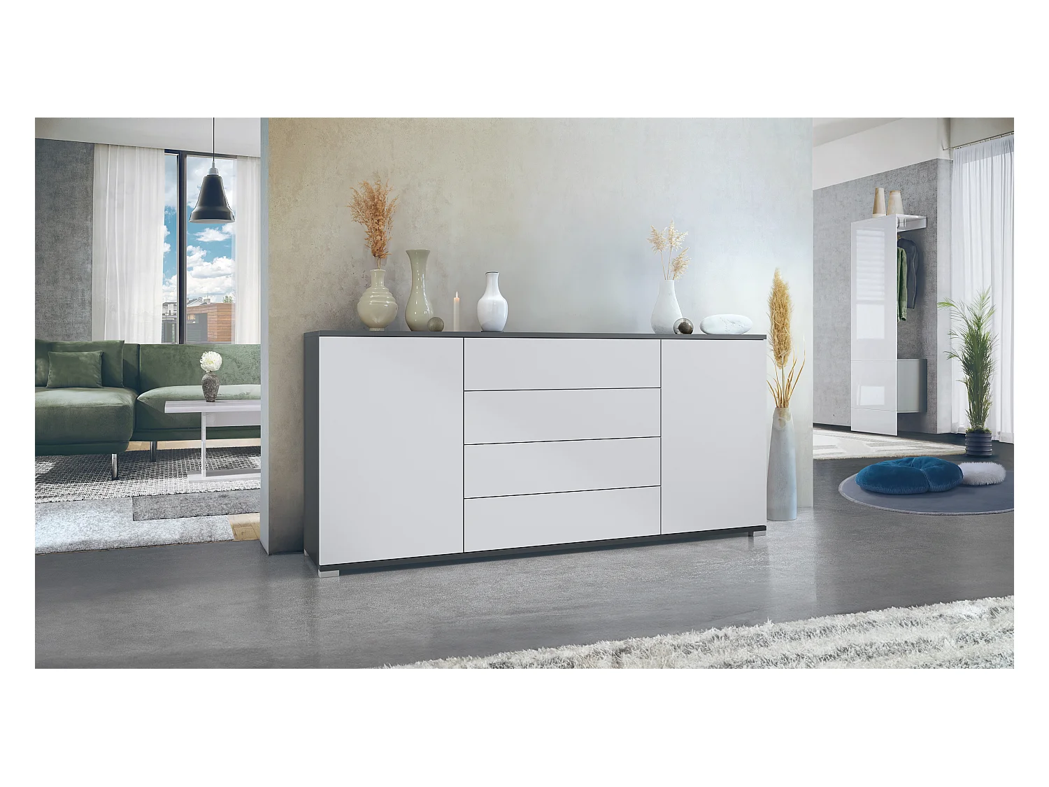 Buffet Santo V2, Enfilade avec 2 portes et 4 tiroirs, anthracite mat / blanc mat (166,5 x 75,5 x 35 cm)