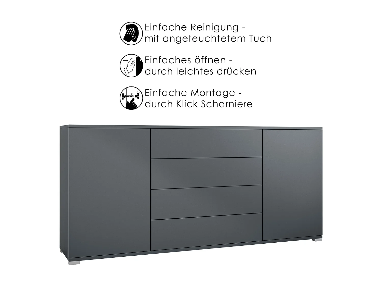 Buffet Santo V2, Enfilade avec 2 portes et 4 tiroirs, anthracite mat / blanc mat (166,5 x 75,5 x 35 cm)