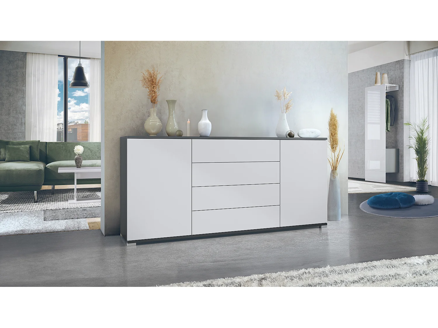 Credenza Santo V2, Madia con 2 ante e 4 cassetti, antracite opaco  / bianco opaco (166,5 x 75,5 x 35 cm)