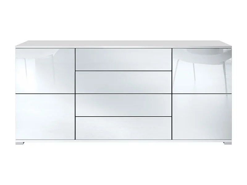 Buffet Rova V2 – Meuble avec 4 Portes et 4 Tiroirs, blanc mat/blanc haute brillance (166,5 x 75,5 x 35)