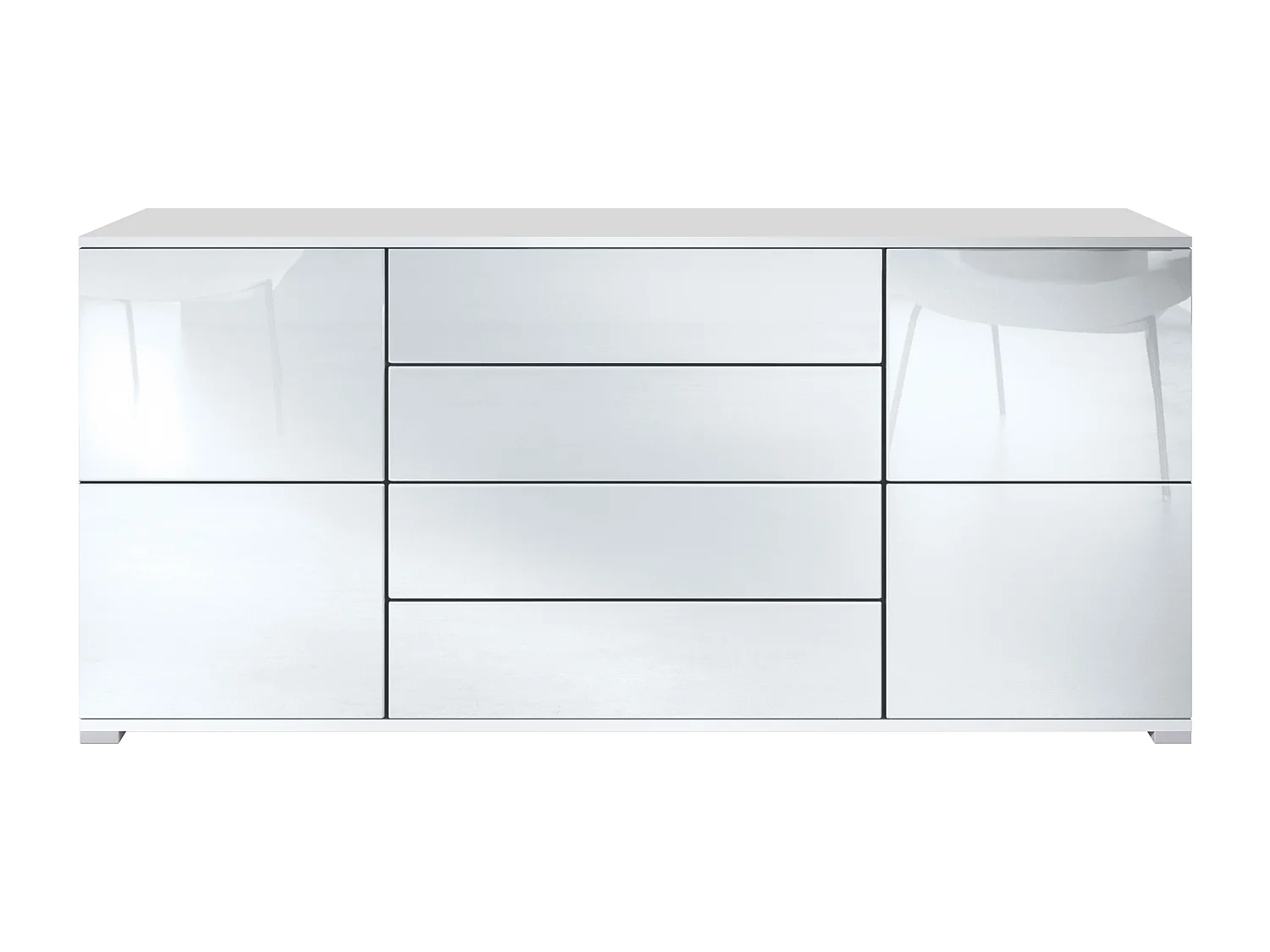 Buffet Rova V2 – Meuble avec 4 Portes et 4 Tiroirs, blanc mat/blanc haute brillance (166,5 x 75,5 x 35)