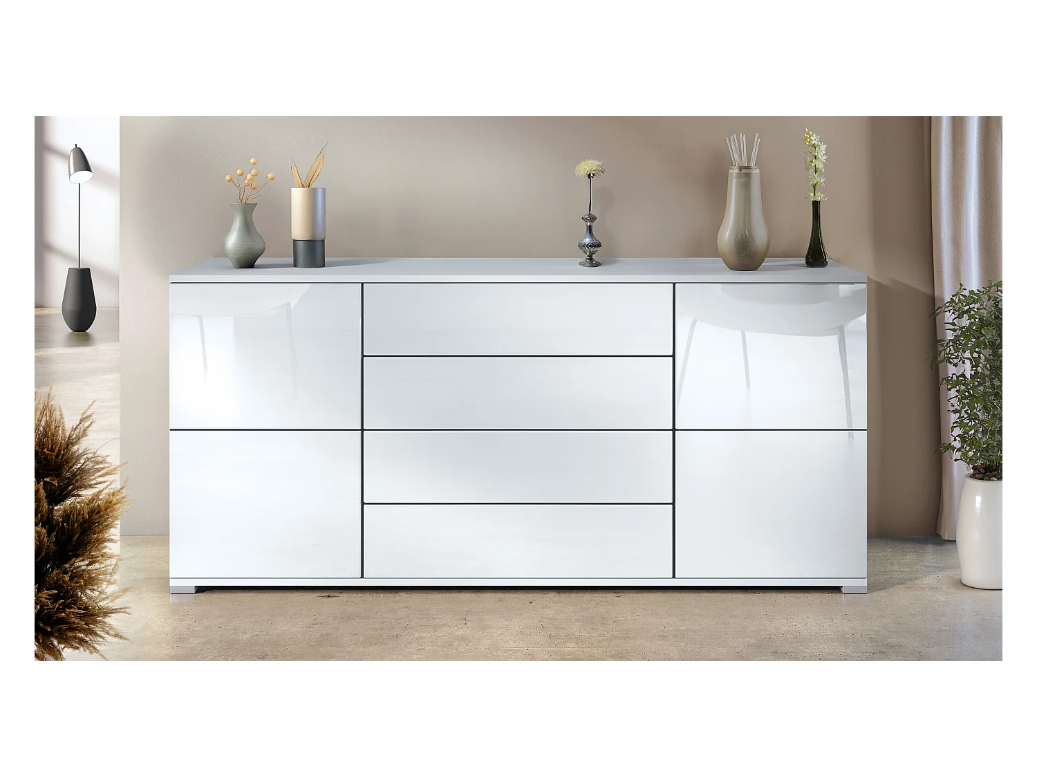Buffet Rova V2 – Meuble avec 4 Portes et 4 Tiroirs, blanc mat/blanc haute brillance (166,5 x 75,5 x 35)