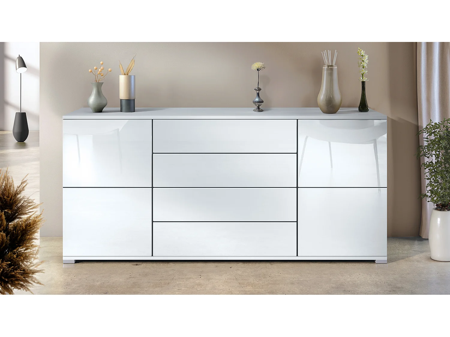 Buffet Rova V2 – Meuble avec 4 Portes et 4 Tiroirs, blanc mat/blanc haute brillance (166,5 x 75,5 x 35)