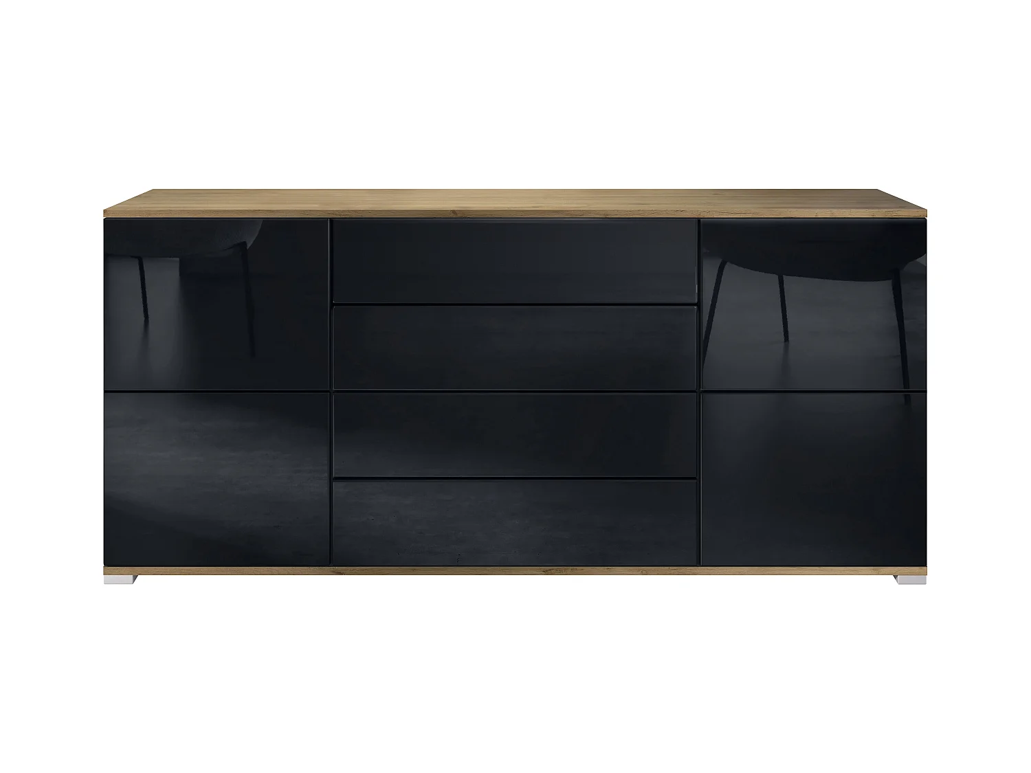 Buffet Rova V2 – Meuble avec 4 Portes et 4 Tiroirs, Chêne Evoke/noir haute brillance (166,5 x 75,5 x 35)