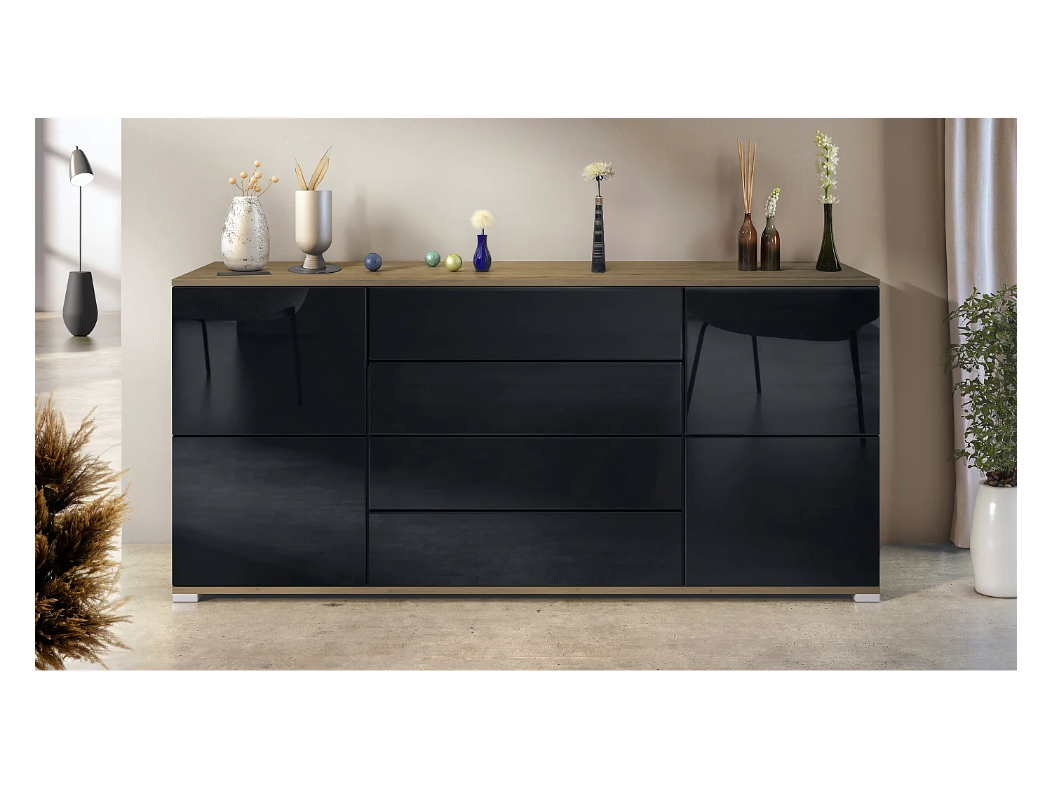 Buffet Rova V2 – Meuble avec 4 Portes et 4 Tiroirs, Chêne Evoke/noir haute brillance (166,5 x 75,5 x 35)