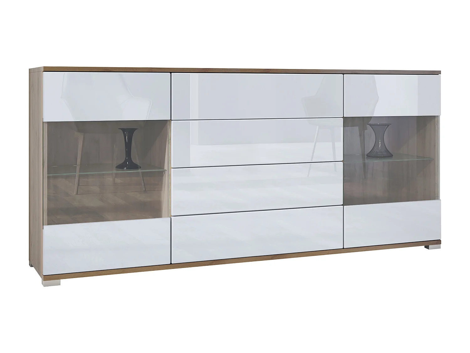 Buffet Bari V2 – Meuble avec 2 Grandes Portes et 4 Tiroirs, Chêne Evoke/blanc haute brillance (166,5 x 75,5 x 35)