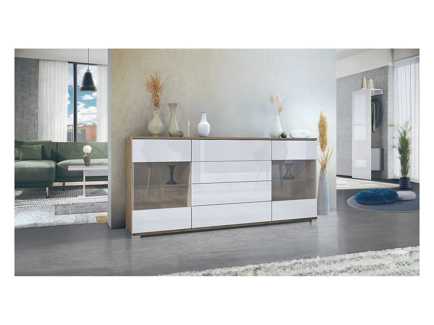 Buffet Bari V2 – Meuble avec 2 Grandes Portes et 4 Tiroirs, Chêne Evoke/blanc haute brillance (166,5 x 75,5 x 35)