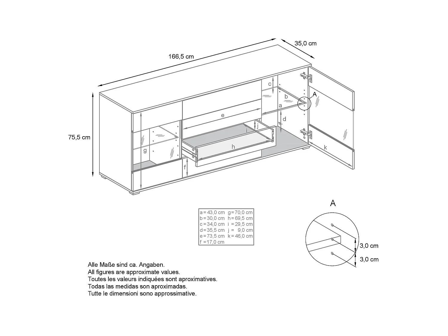 Buffet Bari V2 – Meuble avec 2 Grandes Portes et 4 Tiroirs, Chêne Evoke/blanc haute brillance (166,5 x 75,5 x 35)