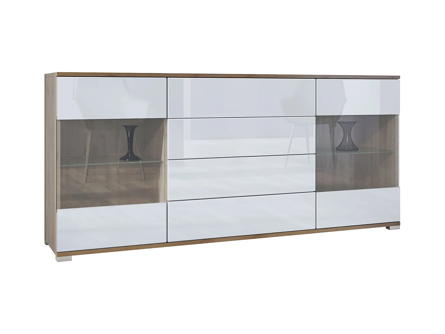 Buffet Bari V2 – Meuble avec 2 Grandes Portes et 4 Tiroirs, Chêne Evoke/blanc haute brillance (166,5 x 75,5 x 35)