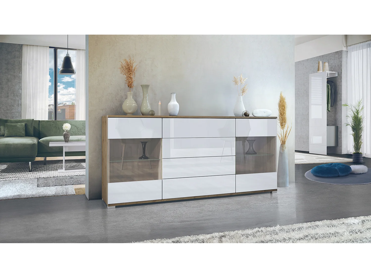 Buffet Bari V2 – Meuble avec 2 Grandes Portes et 4 Tiroirs, Chêne Evoke/blanc haute brillance (166,5 x 75,5 x 35)