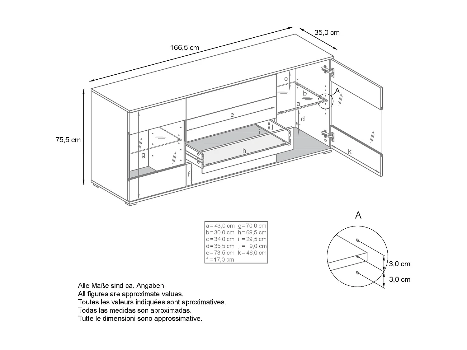 Buffet Bari V2 – Meuble avec 2 Grandes Portes et 4 Tiroirs, Chêne Evoke/blanc haute brillance (166,5 x 75,5 x 35)