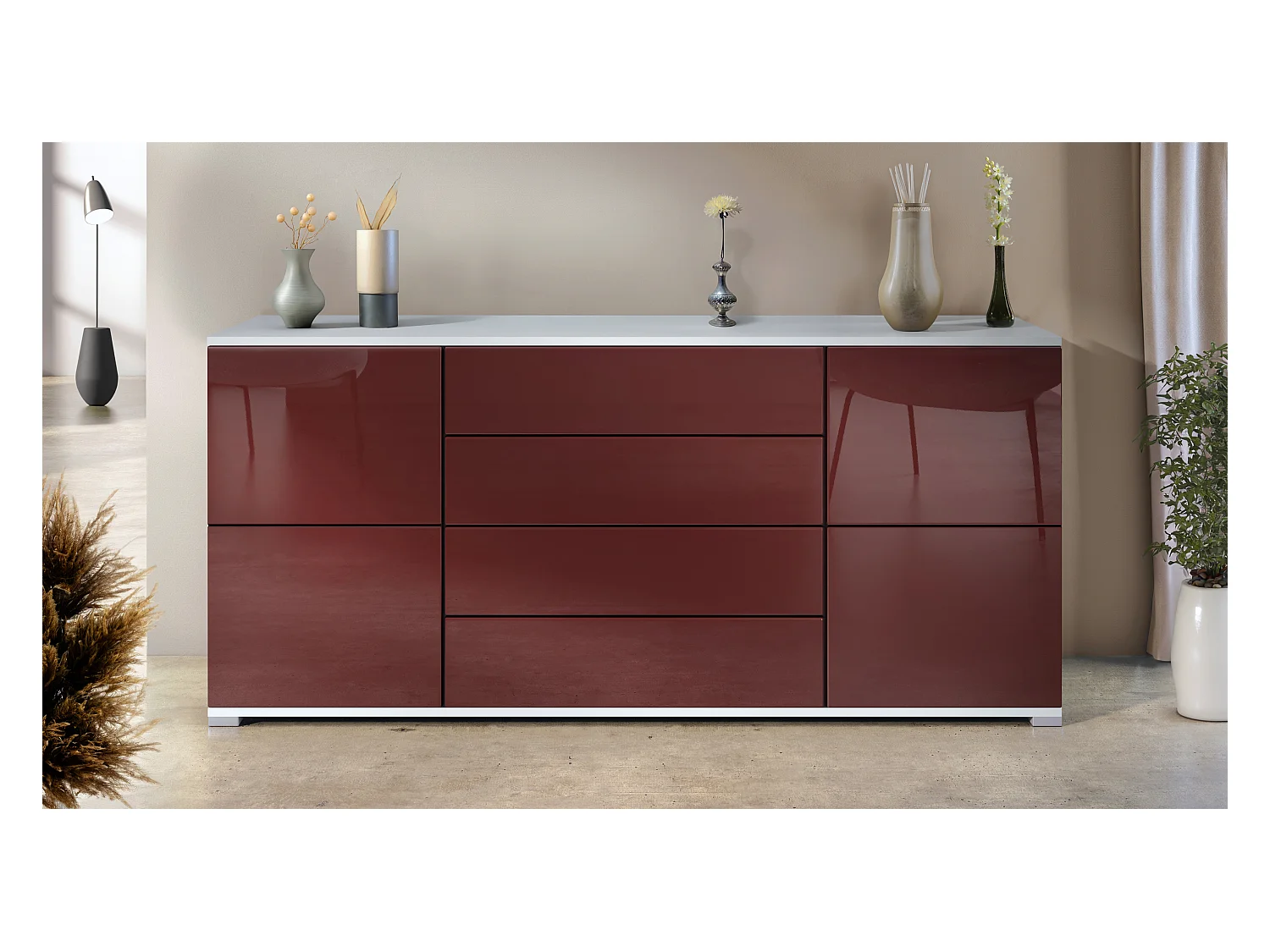 Buffet Rova V2 – Meuble avec 4 Portes et 4 Tiroirs, blanc mat/bordeaux haute brillance (166,5 x 75,5 x 35)