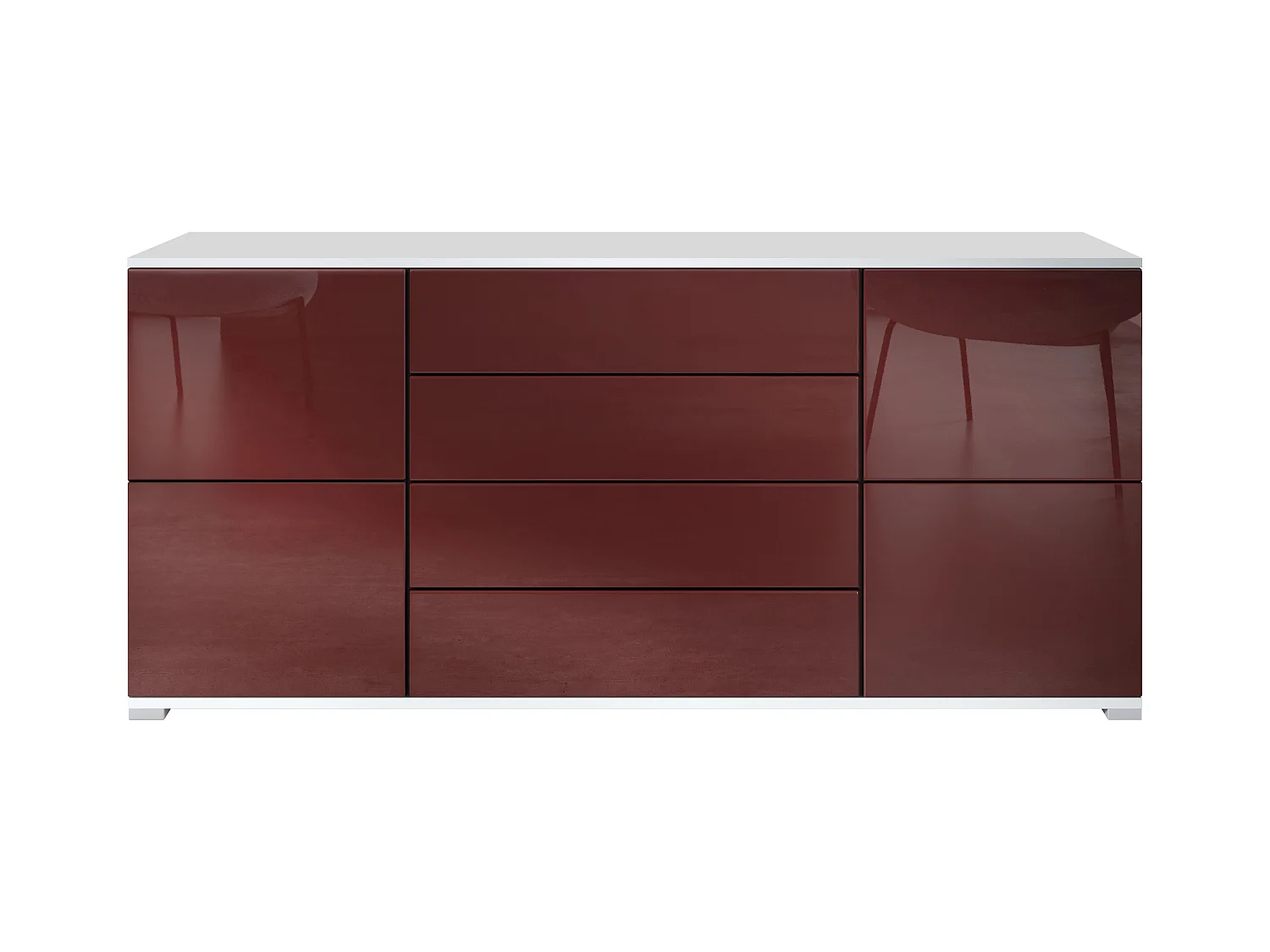 Buffet Rova V2 – Meuble avec 4 Portes et 4 Tiroirs, blanc mat/bordeaux haute brillance (166,5 x 75,5 x 35)