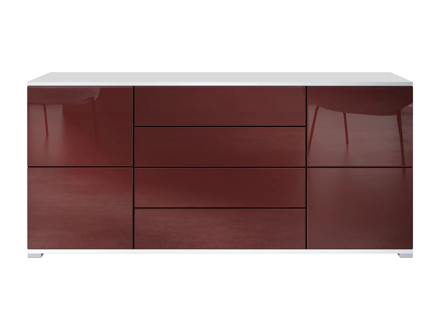 Buffet Rova V2 – Meuble avec 4 Portes et 4 Tiroirs, blanc mat/bordeaux haute brillance (166,5 x 75,5 x 35)