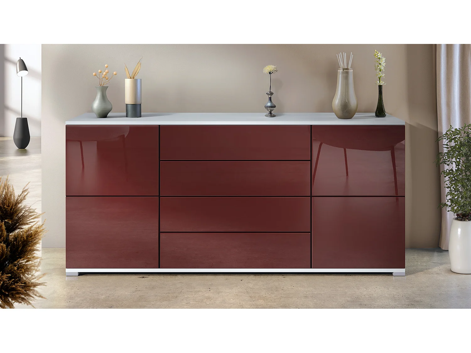 Buffet Rova V2 – Meuble avec 4 Portes et 4 Tiroirs, blanc mat/bordeaux haute brillance (166,5 x 75,5 x 35)