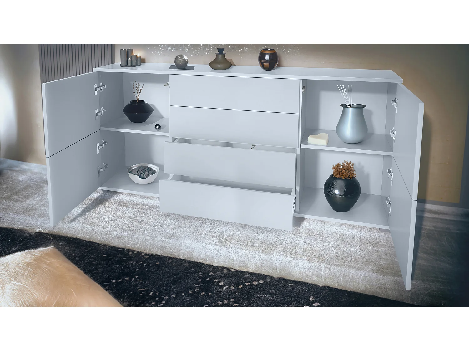 Buffet Rova V2 – Meuble avec 4 Portes et 4 Tiroirs, blanc mat/bordeaux haute brillance (166,5 x 75,5 x 35)
