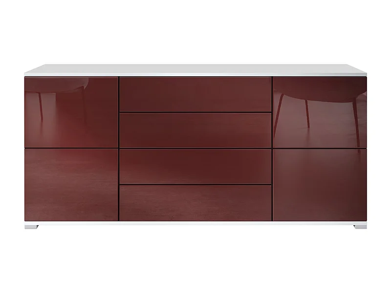 Buffet Rova V2 – Meuble avec 4 Portes et 4 Tiroirs, blanc mat/bordeaux haute brillance (166,5 x 75,5 x 35)