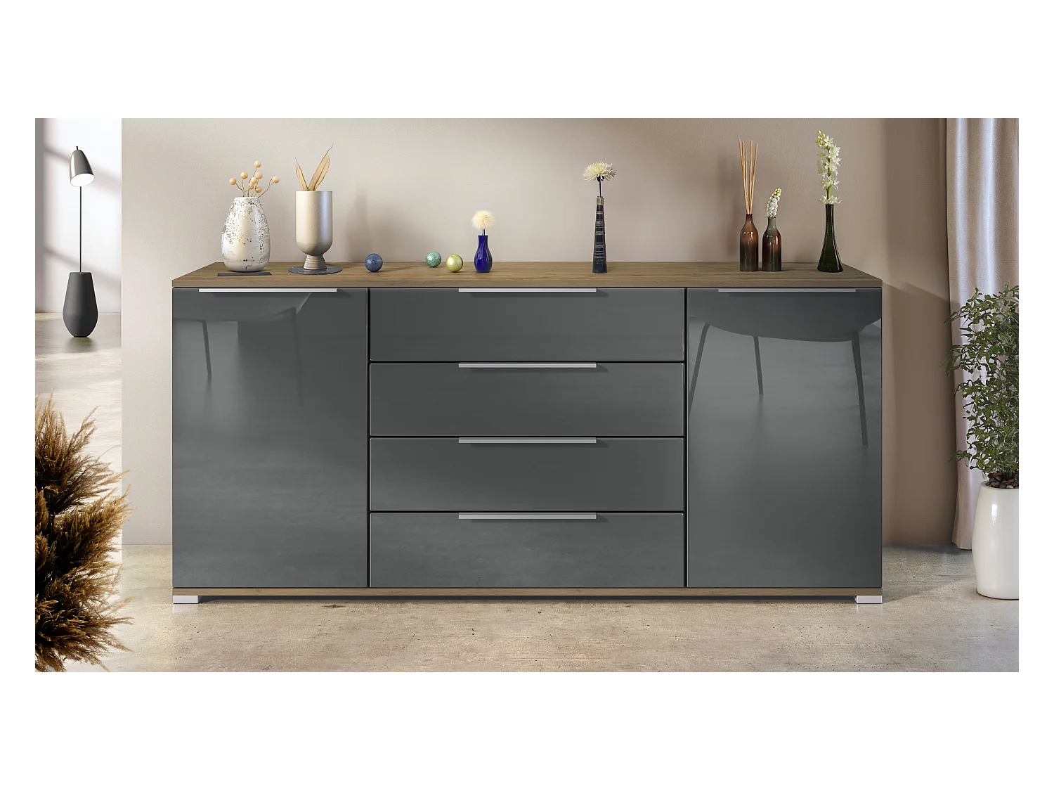 Buffet Linio V2 – Commode moderne avec 2 portes et 4 tiroirs, Chêne Evoke/gris haute brillance, 166,5 x 75,5 x 35 cm (L x H x P) – Meuble de rangement bahut