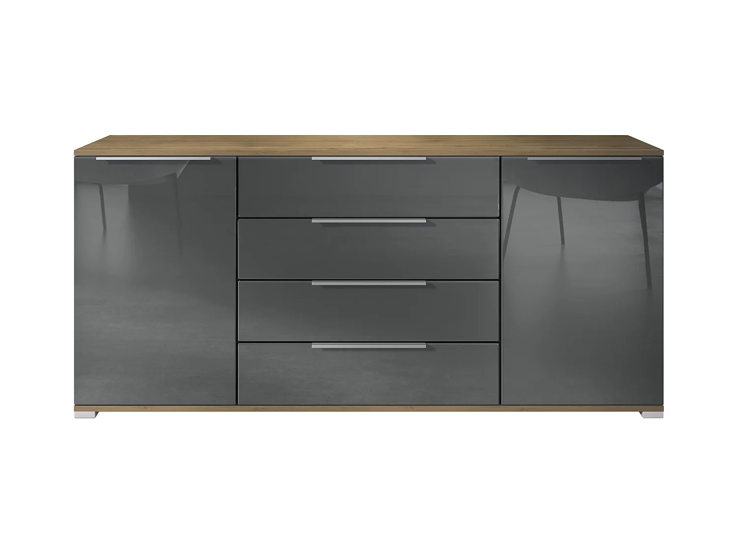 Buffet Linio V2 – Commode moderne avec 2 portes et 4 tiroirs, Chêne Evoke/gris haute brillance, 166,5 x 75,5 x 35 cm (L x H x P) – Meuble de rangement bahut
