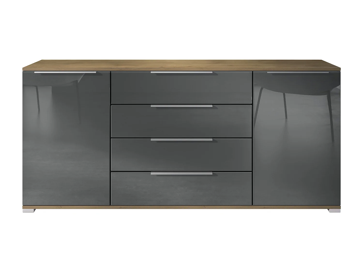 Buffet Linio V2 – Commode moderne avec 2 portes et 4 tiroirs, Chêne Evoke/gris haute brillance, 166,5 x 75,5 x 35 cm (L x H x P) – Meuble de rangement bahut